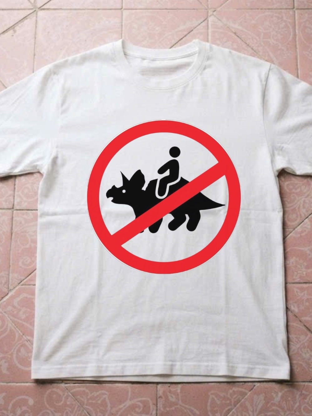 Gildan White Tee with Red and Black No-Dinosaur-Riding Graphic